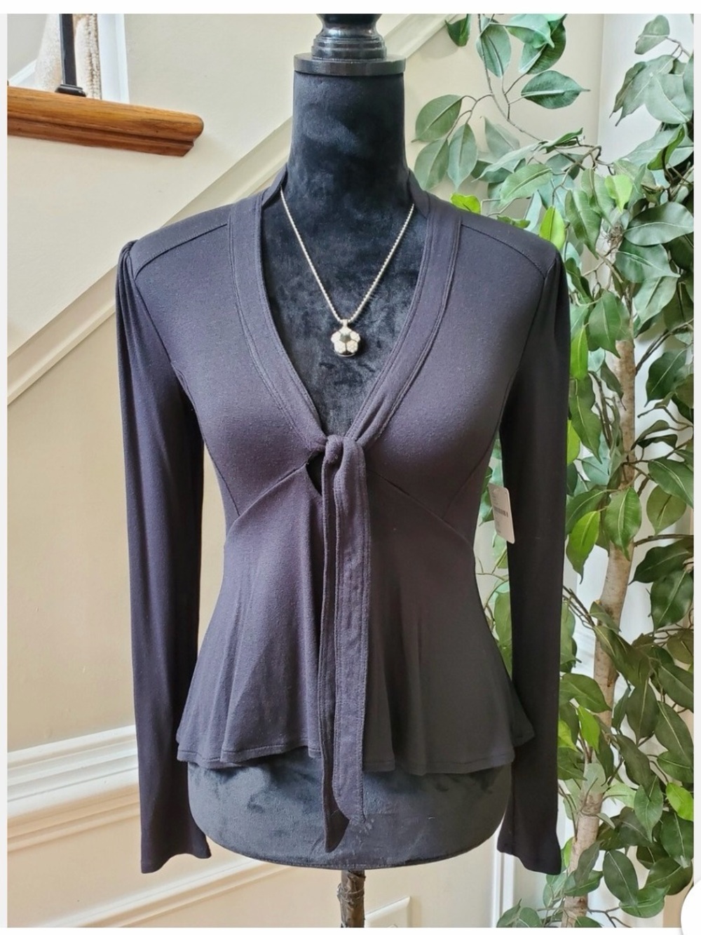 Free People Black Tie-Front Long Sleeve Top